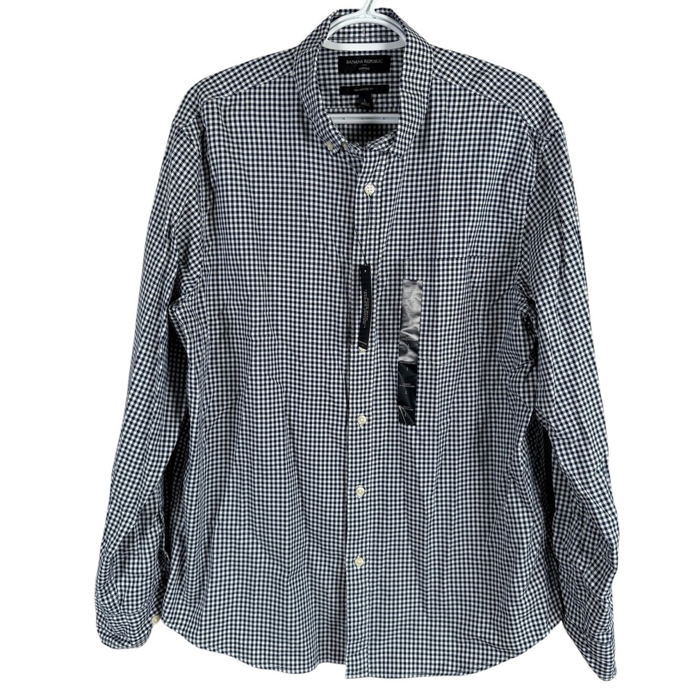 NEW Banana Republic Oxford Shirt Slim Untucked Fit Men L Navy Blue Gingham Check